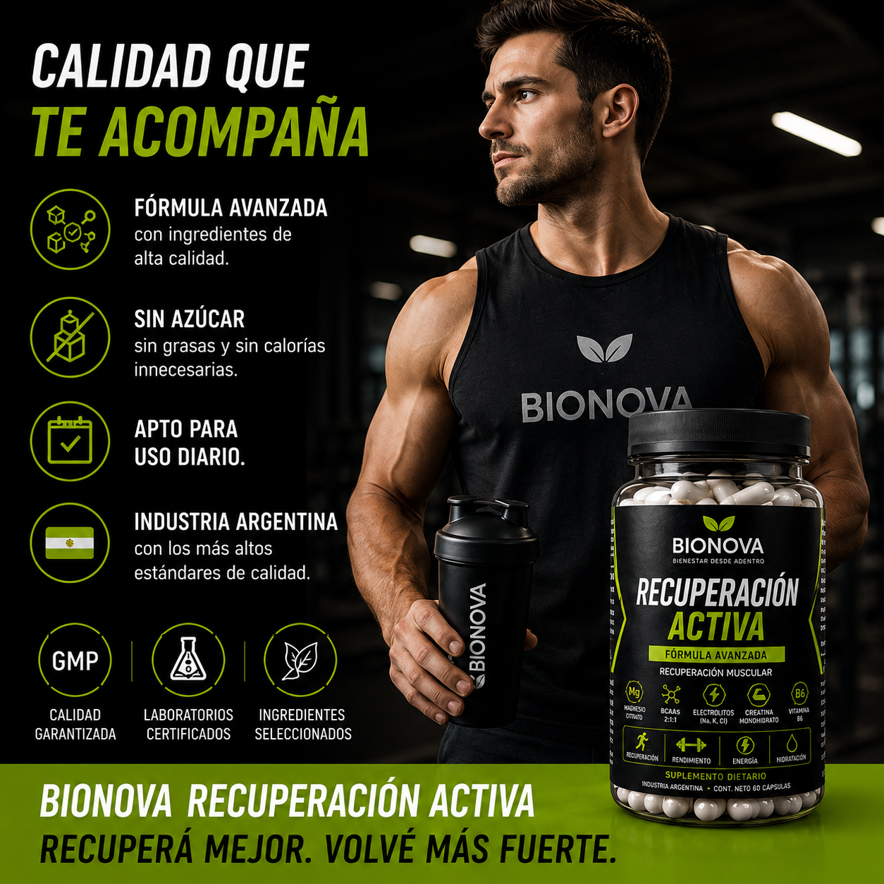 SUPLEMENTO DEPORTIVO 5 EN 1. Entrená fuerte. Recuperá mejor. Volvé con más energía.