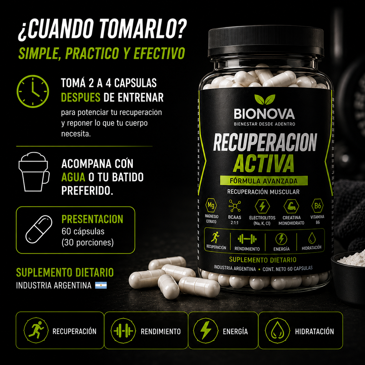SUPLEMENTO DEPORTIVO 5 EN 1. Entrená fuerte. Recuperá mejor. Volvé con más energía.
