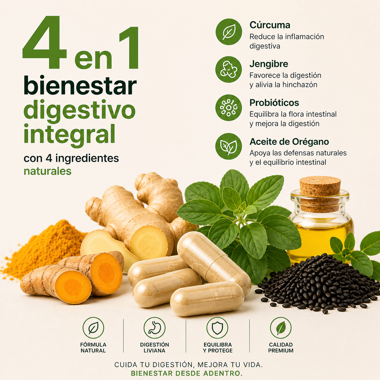 SUPLEMENTO DIGESTIVO 4 EN 1 - La fórmula natural para una digestión más liviana, menos hinchazón y más bienestar todos los días.