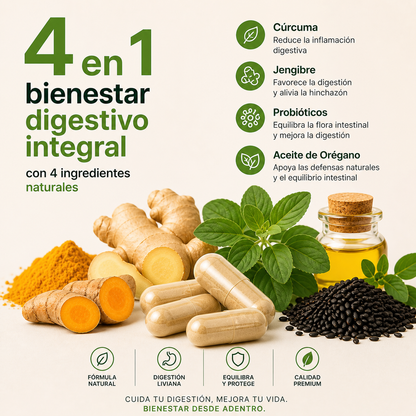 SUPLEMENTO DIGESTIVO 4 EN 1 - La fórmula natural para una digestión más liviana, menos hinchazón y más bienestar todos los días.
