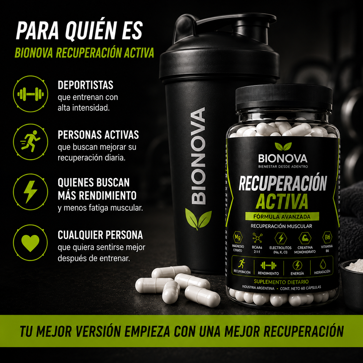 SUPLEMENTO DEPORTIVO 5 EN 1. Entrená fuerte. Recuperá mejor. Volvé con más energía.