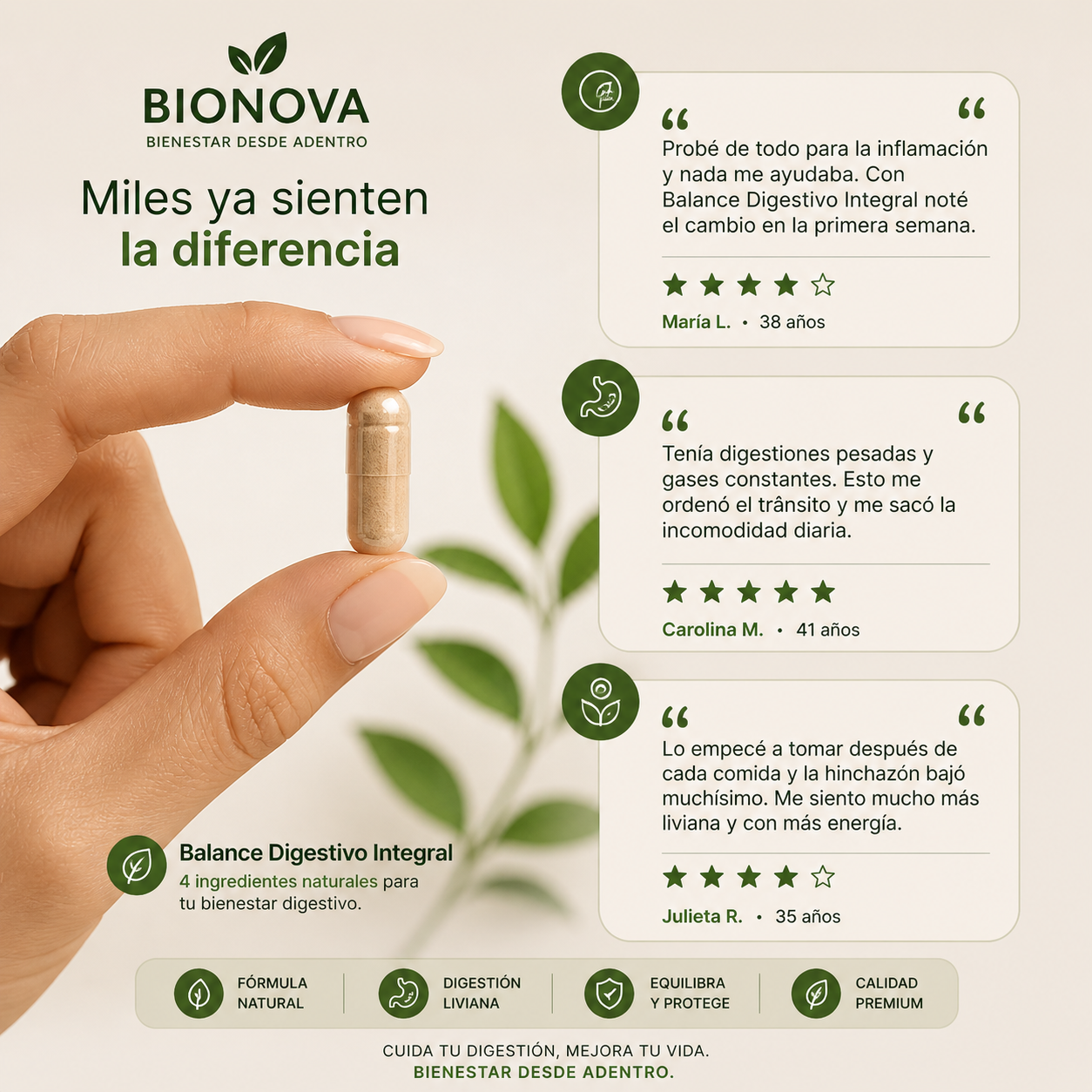 SUPLEMENTO DIGESTIVO 4 EN 1 - La fórmula natural para una digestión más liviana, menos hinchazón y más bienestar todos los días.